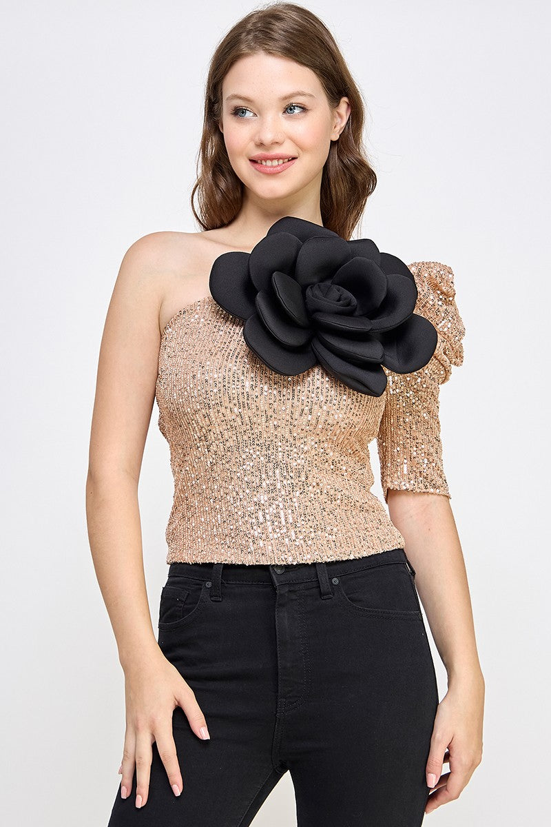 ONE SHOULDER  BIG FLOWER SEQUIN TOP