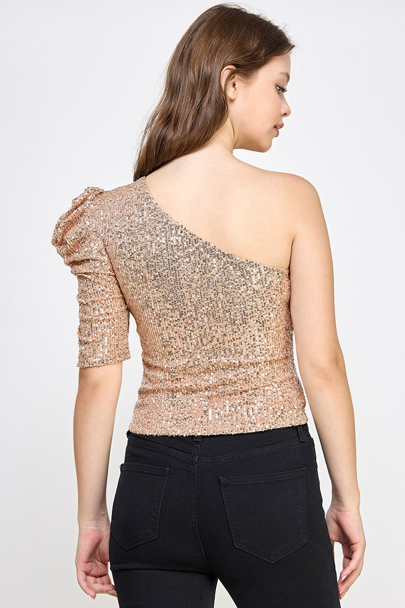 ONE SHOULDER  BIG FLOWER SEQUIN TOP