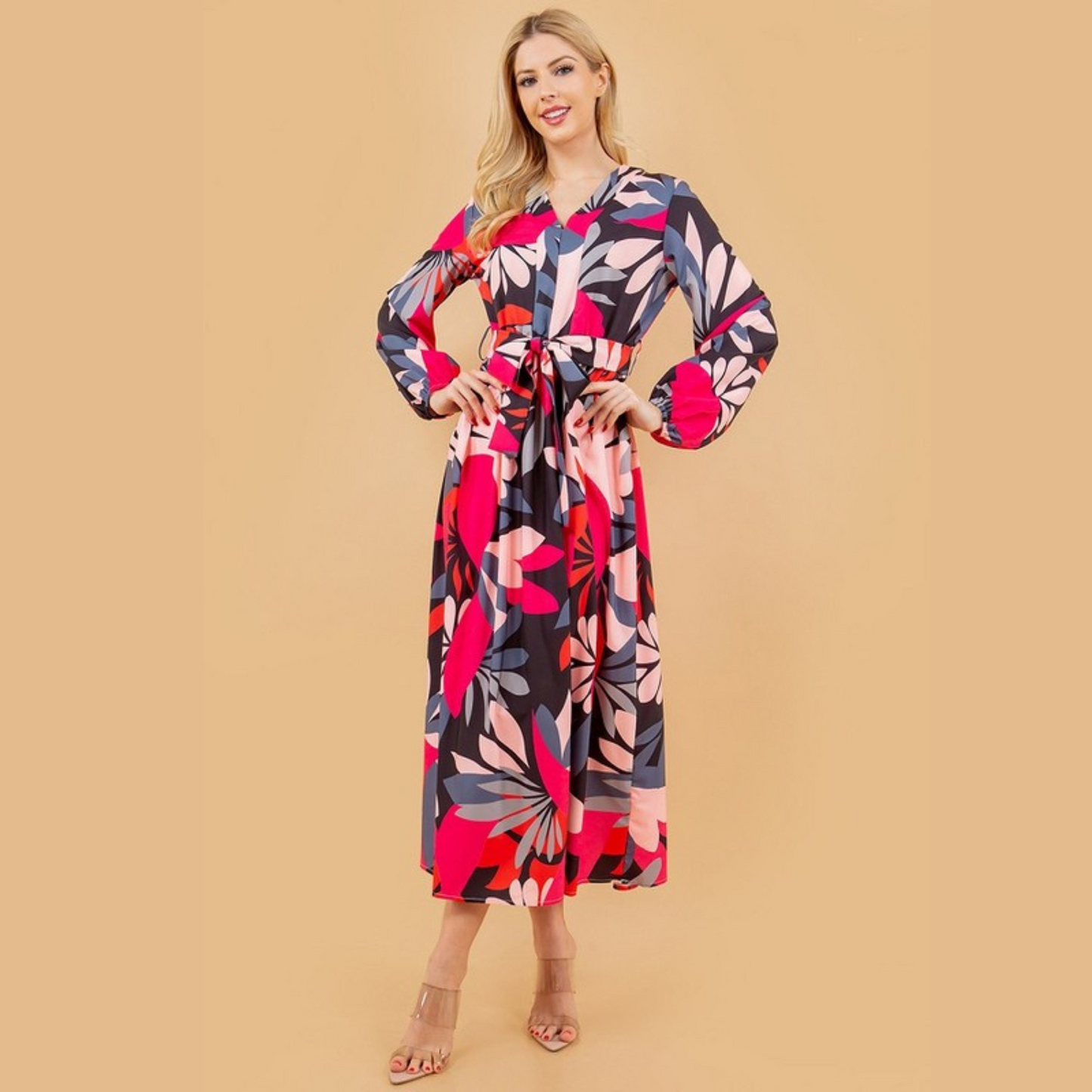 FLORAL PRINT LONG SLEEVE BELTED DRESS