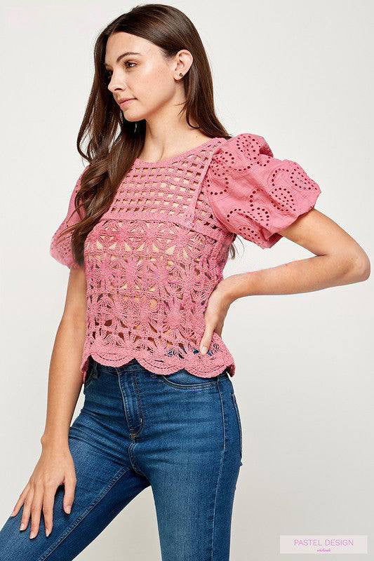 SHORT SLEEVE CROCHET LACE TOP