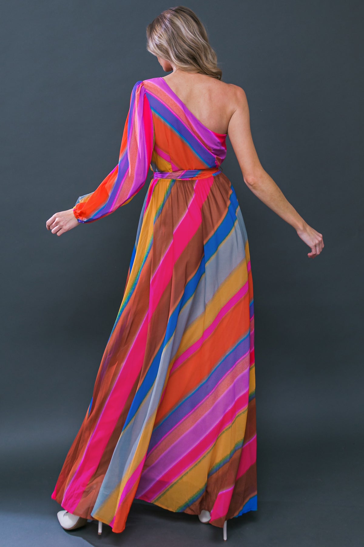 ONE SHOULDER STRIPES MAXI DRESS