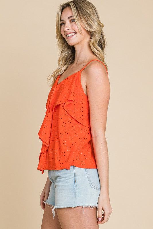 DOUBLE DRAPE RUFFLE EYELET CAMI TOP