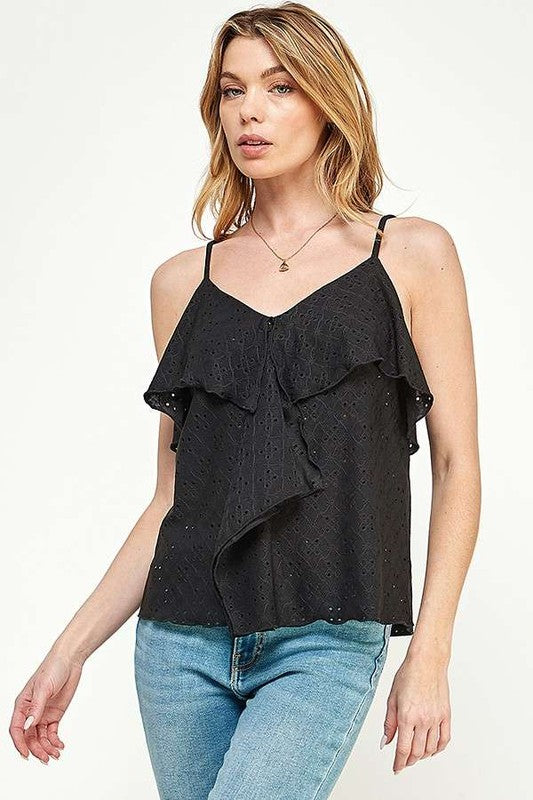 DOUBLE DRAPE RUFFLE EYELET CAMI TOP