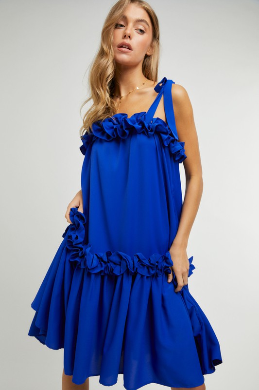 RUFFLED HEM TIE STRAP MIDI DRESS