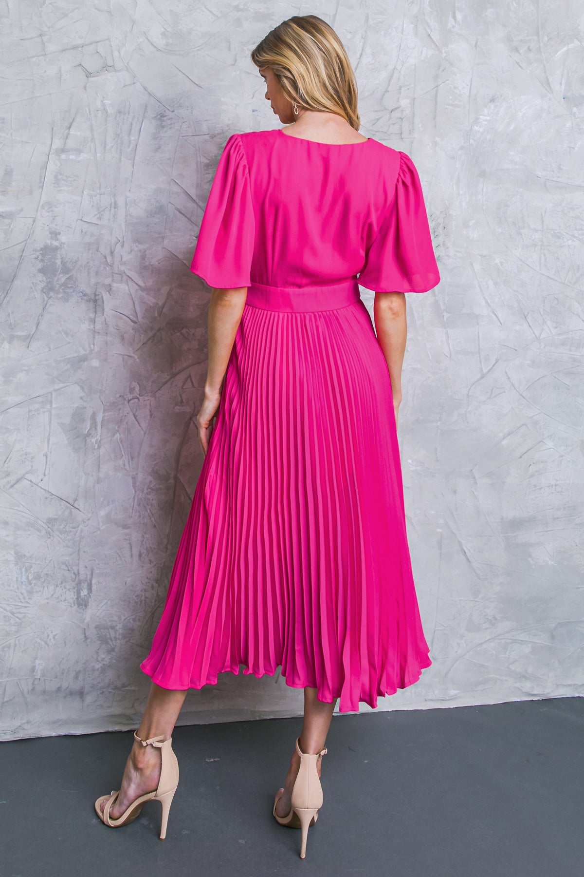 PLEATED SKIRT SOLID MIDI DRESS