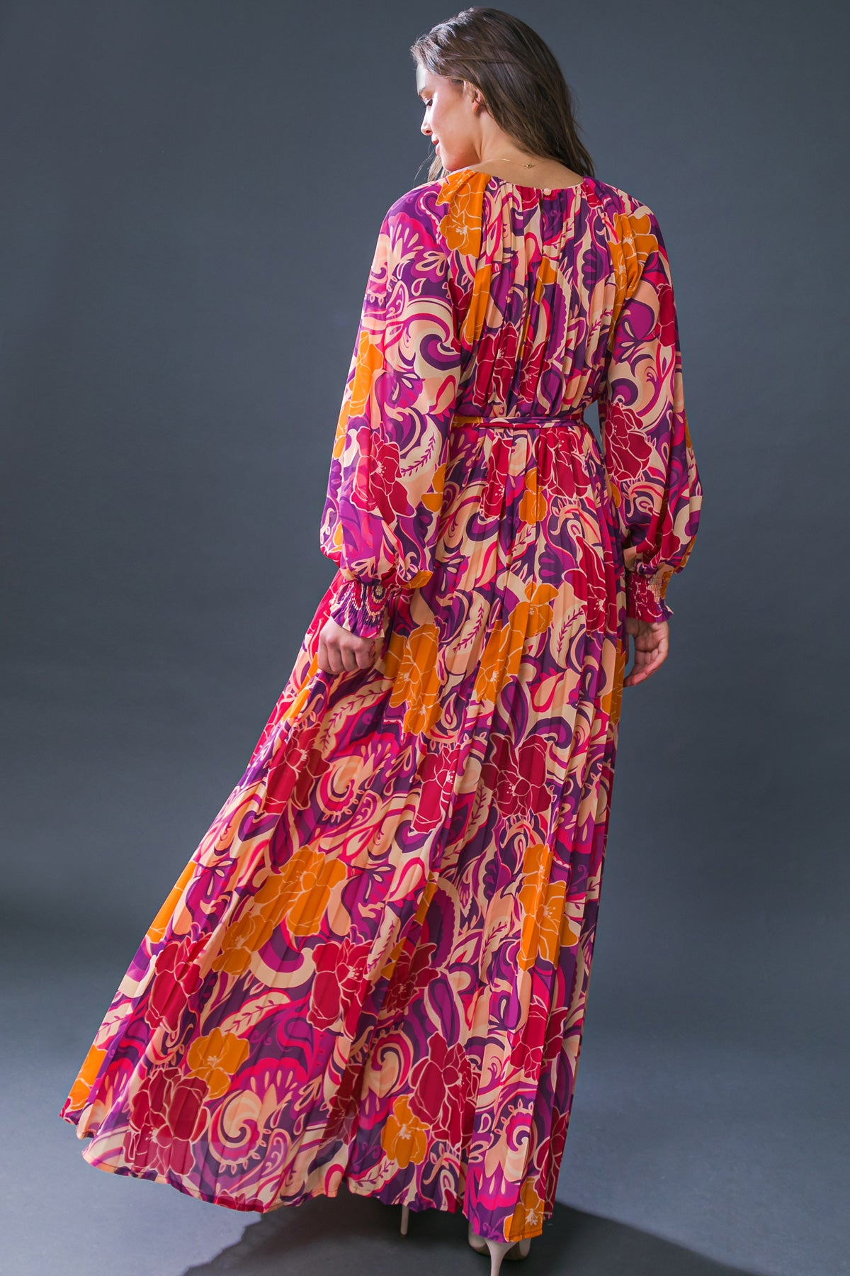 PRINTED PLEATED MAXI DRESS