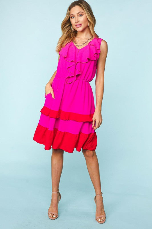 V NECK RUFFLE COLOR BLOCK WITH SIDE POCKETS