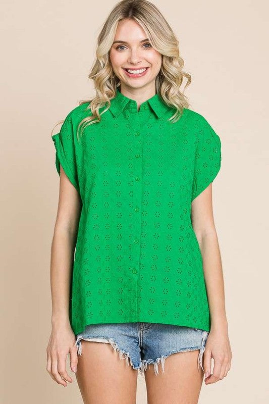 DROP SHOULDER BUTTON DOWN EYELET TOP