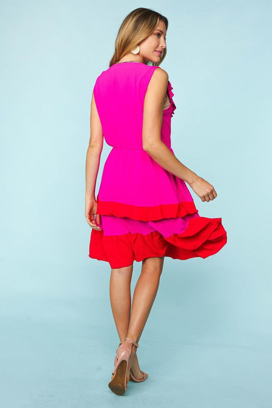 V NECK RUFFLE COLOR BLOCK WITH SIDE POCKETS