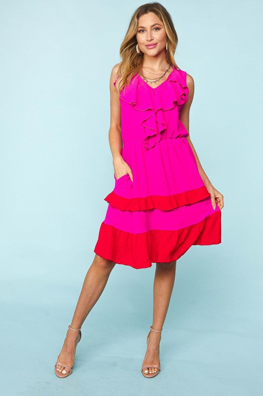 V NECK RUFFLE COLOR BLOCK WITH SIDE POCKETS