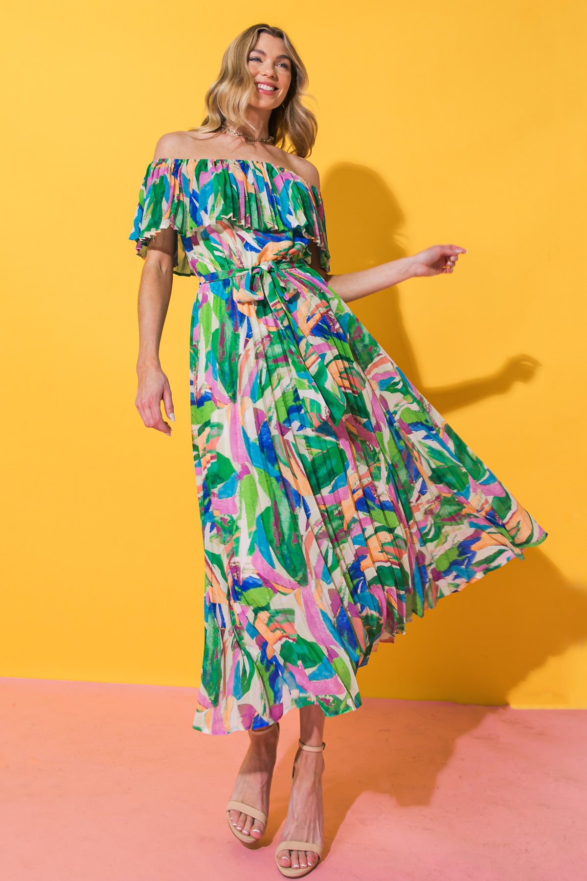 OFF SHOULDER PLEATED PRINT MIDI DRESS