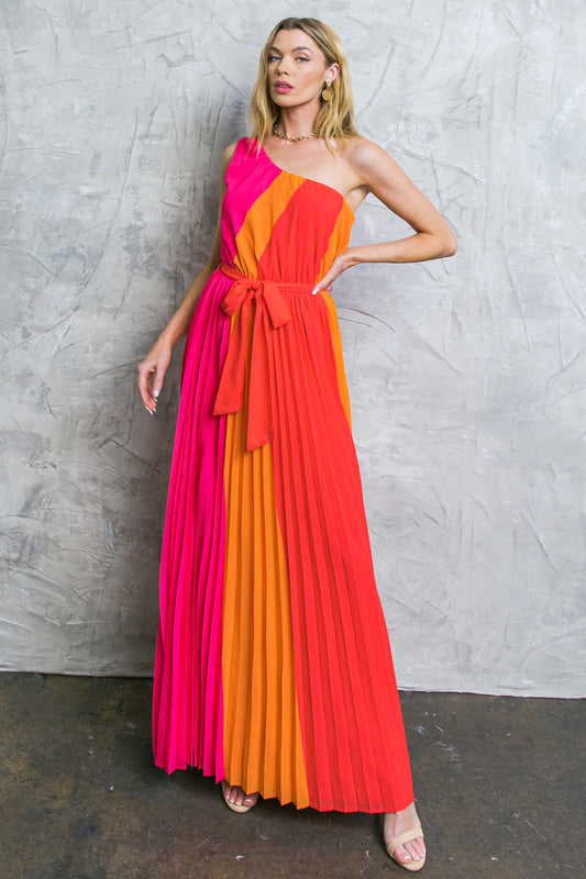 ONE SHOULDER COLORBLOCK MAXI DRESS