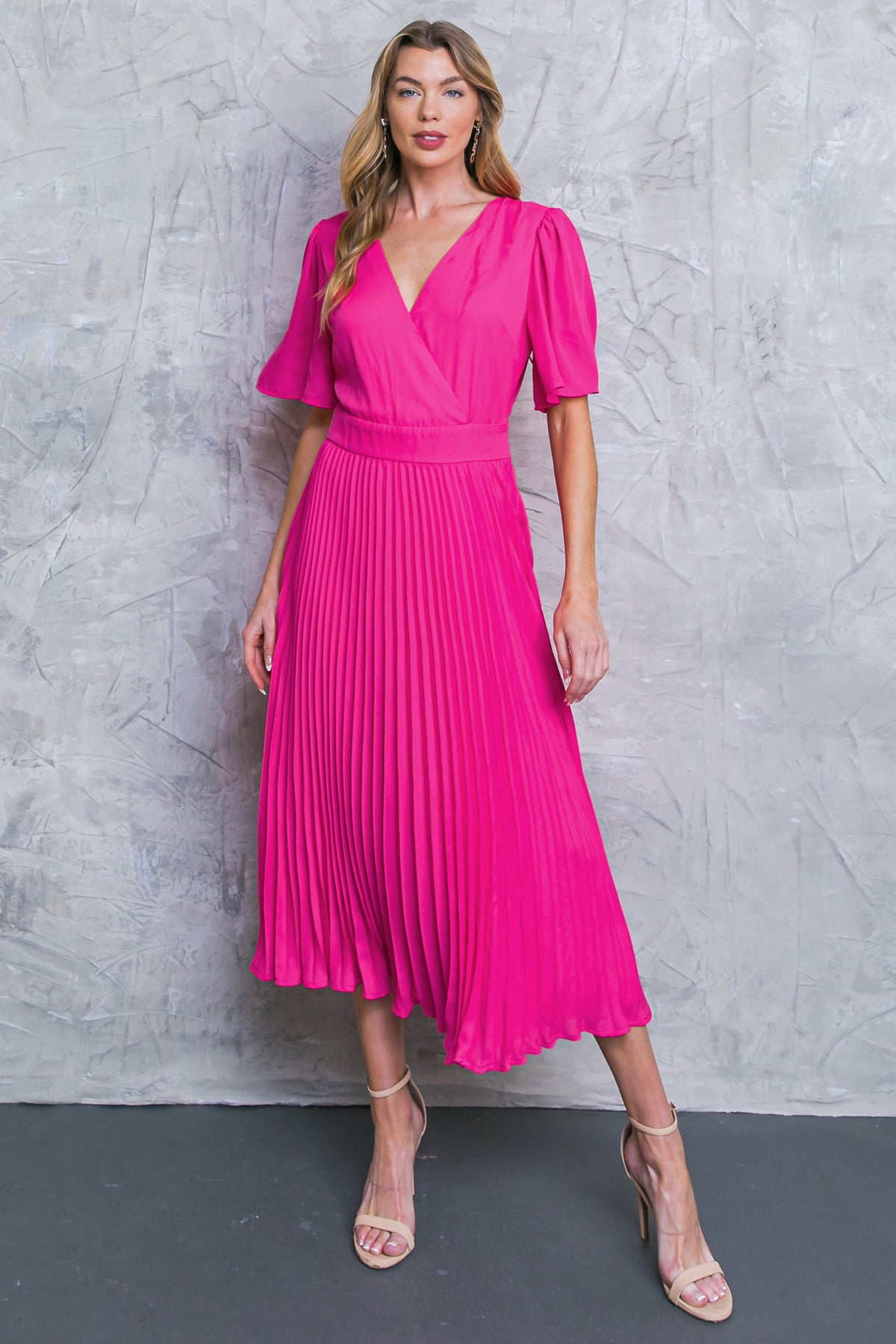 PLEATED SKIRT SOLID MIDI DRESS