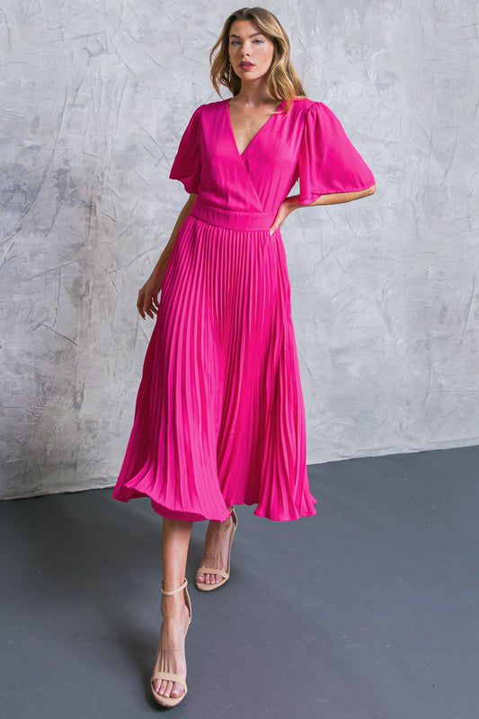 PLEATED SKIRT SOLID MIDI DRESS