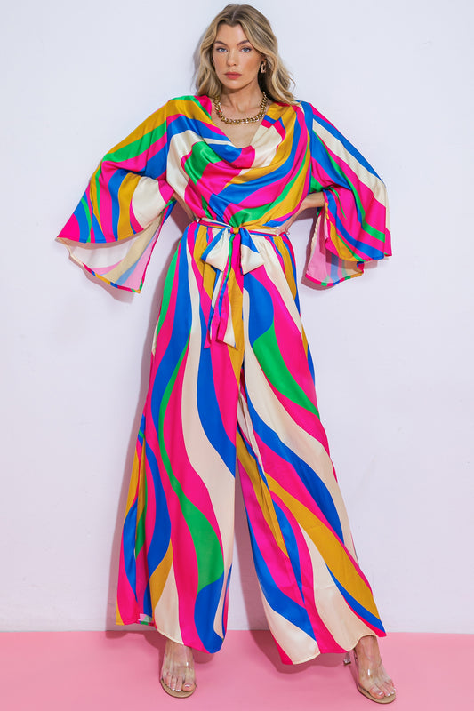 COLORFUL ELASTIC WAIST PRINTED JUMPSUIT