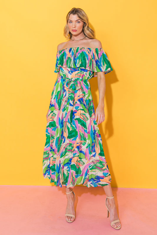 OFF SHOULDER PLEATED PRINT MIDI DRESS