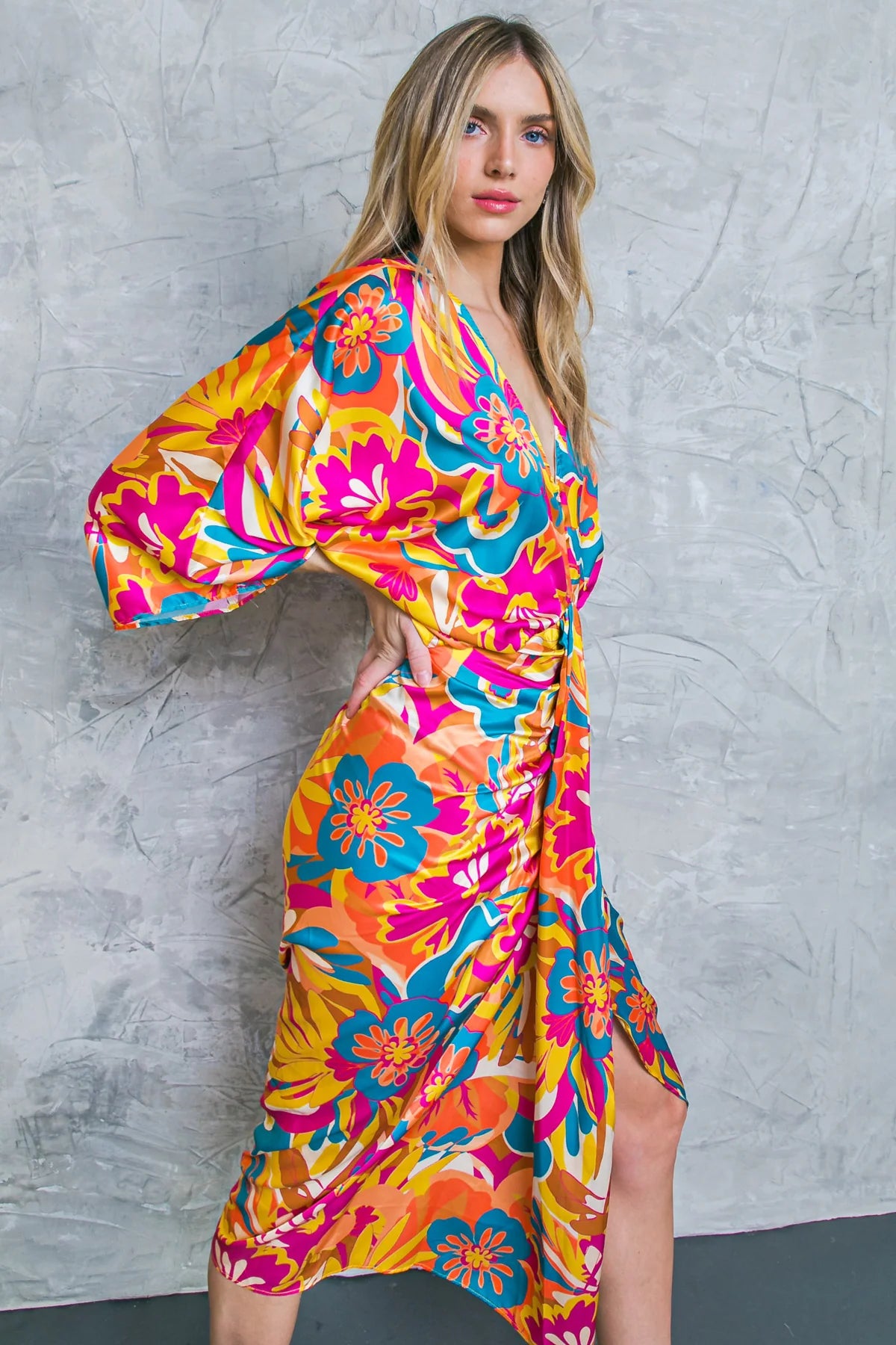 PRINTED SATIN MIDI DRESS