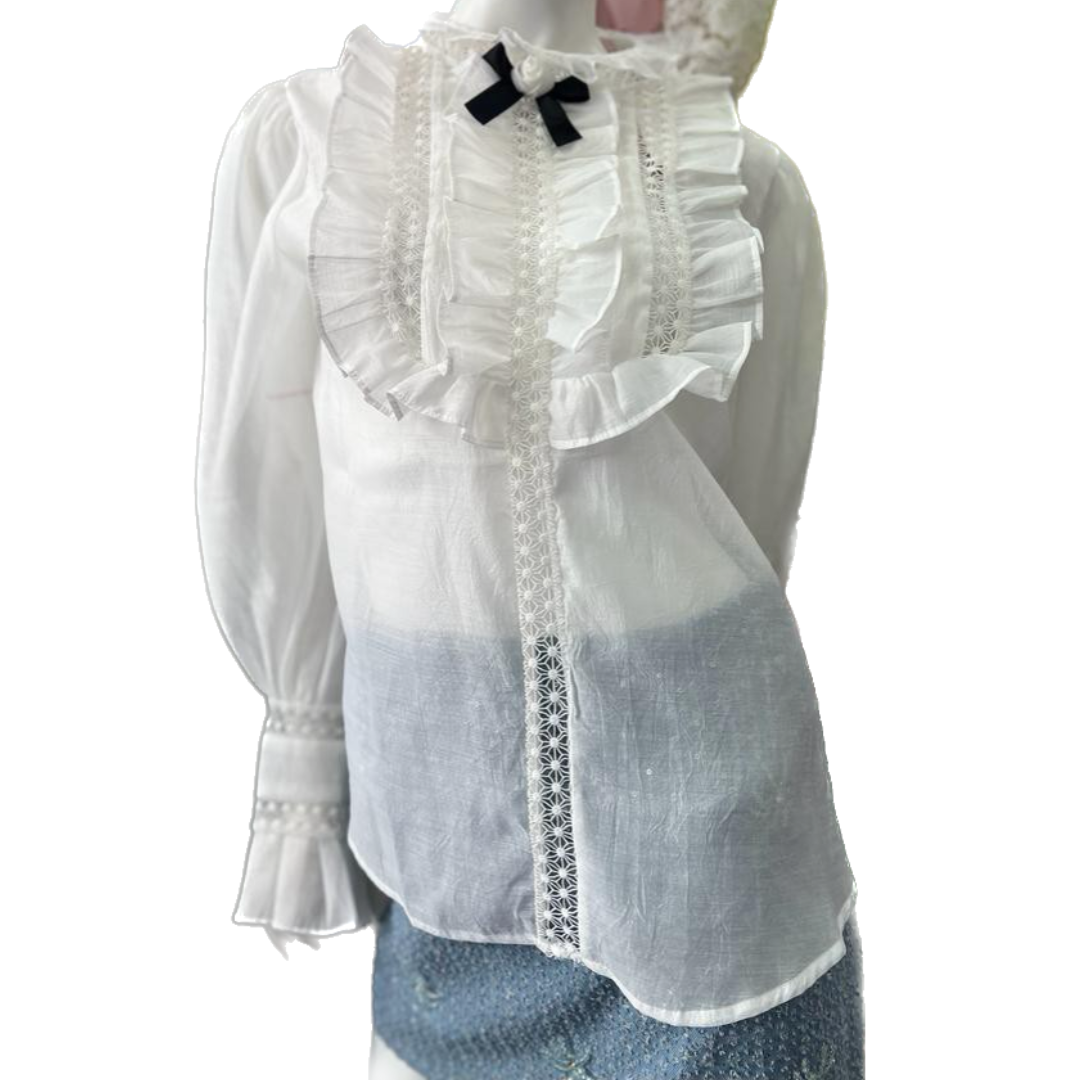 LONG SLEEVE RUFFLES TOP WITH BOW