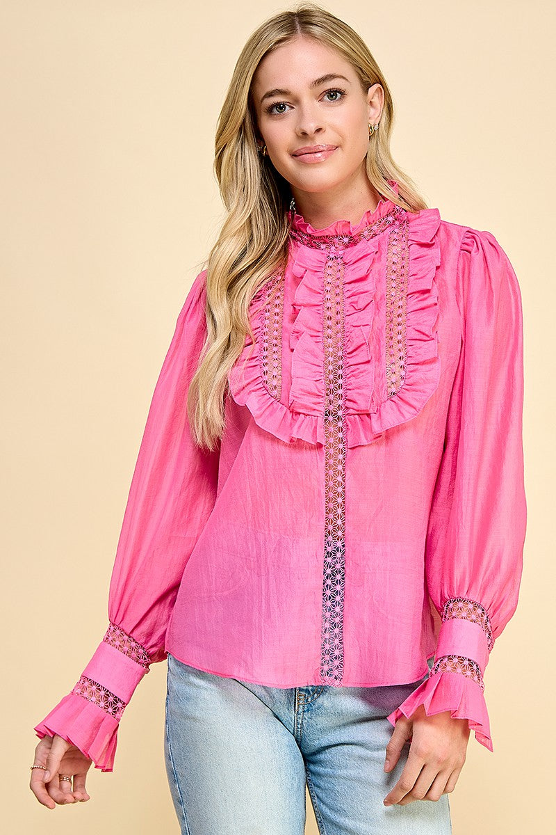 LONG SLEEVE RUFFLES TOP WITH BOW