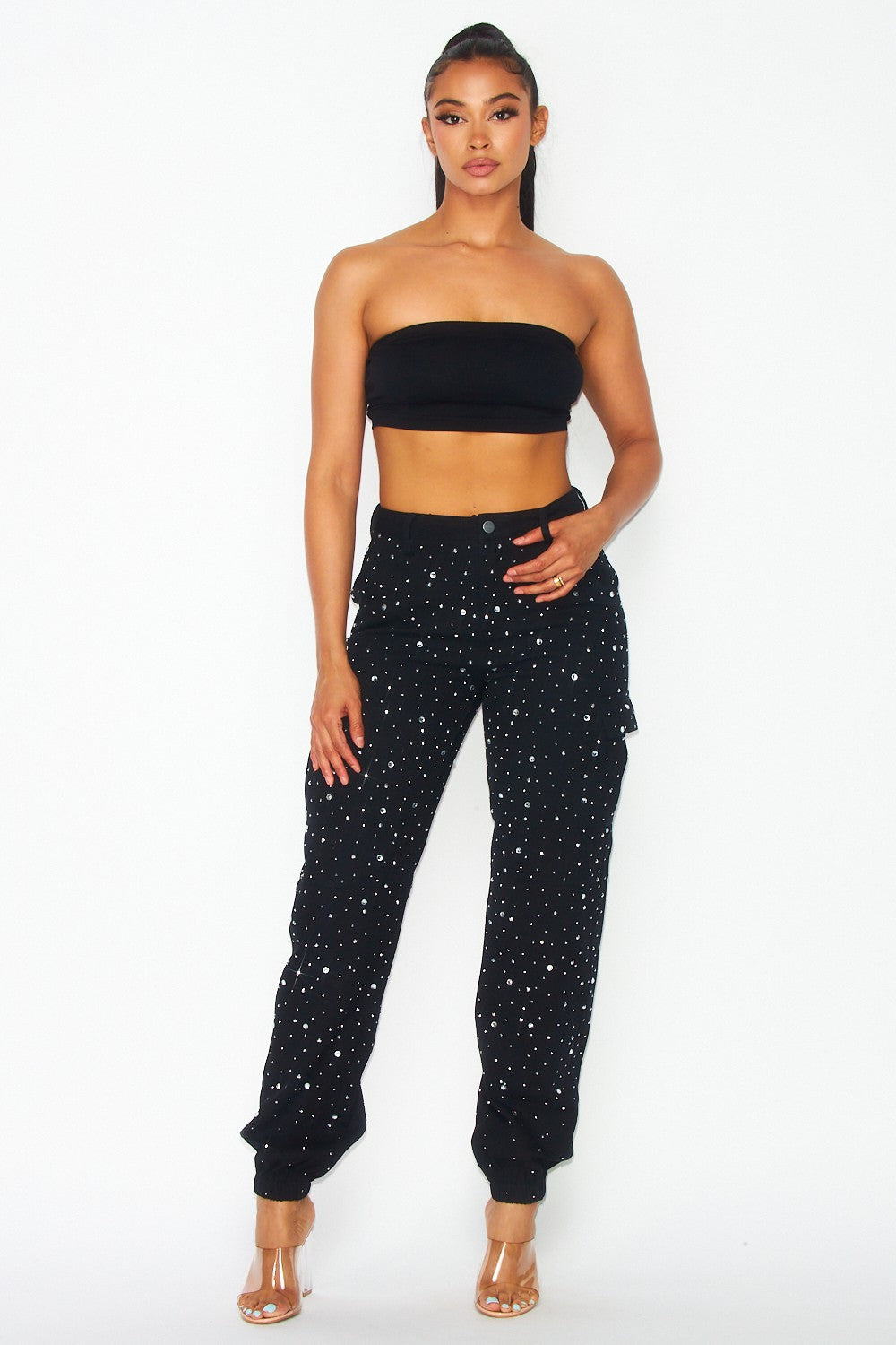 RHINESTONE CARGO JOGGER PANTS