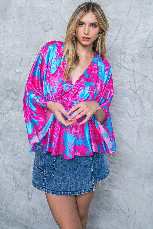 SATIN V NECK TOP WITH KIMONO SLEEVES