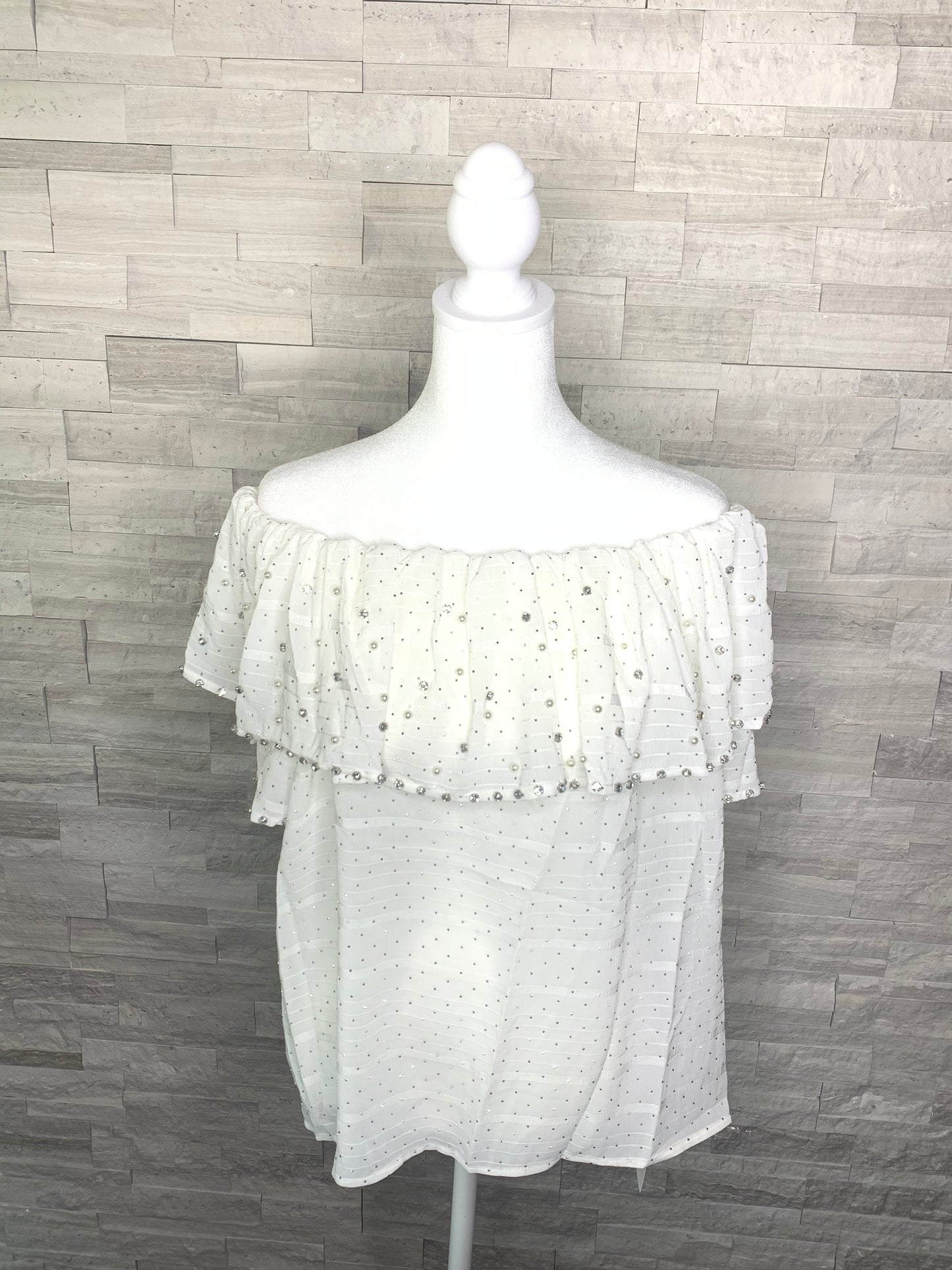 OFF SHOULDER RUFFLE TOP WITH RHINESTONES AND PEARLS