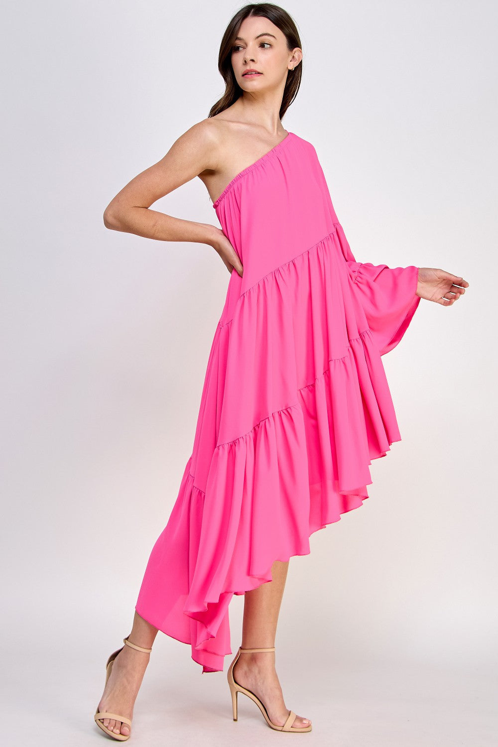 ONE SHOULDER SHIRRED DRESS