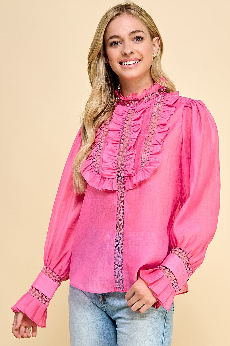 LONG SLEEVE RUFFLES TOP WITH BOW