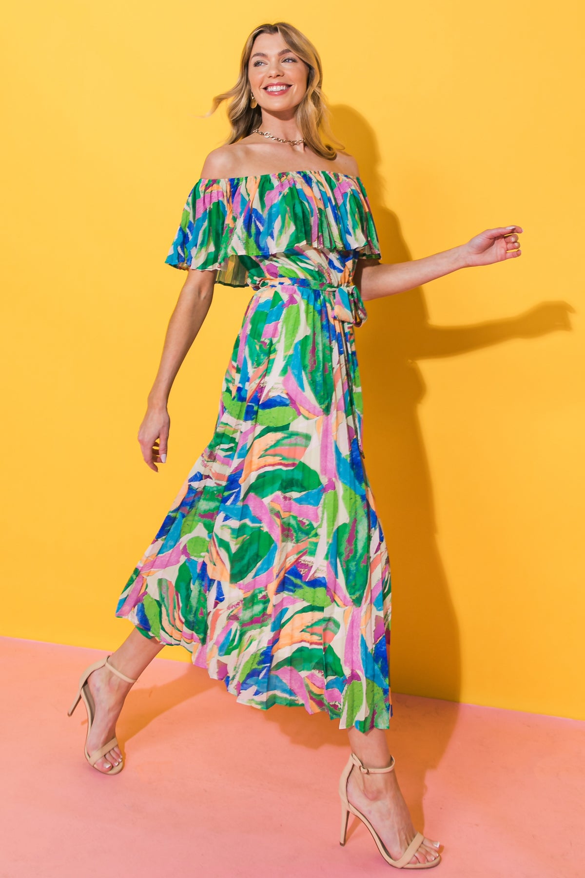 OFF SHOULDER PLEATED PRINT MIDI DRESS