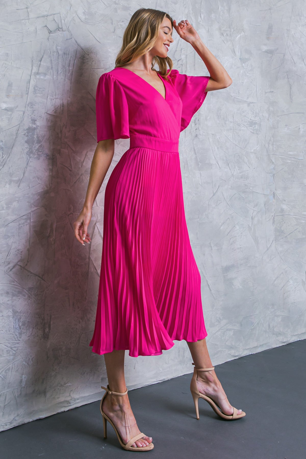 PLEATED SKIRT SOLID MIDI DRESS