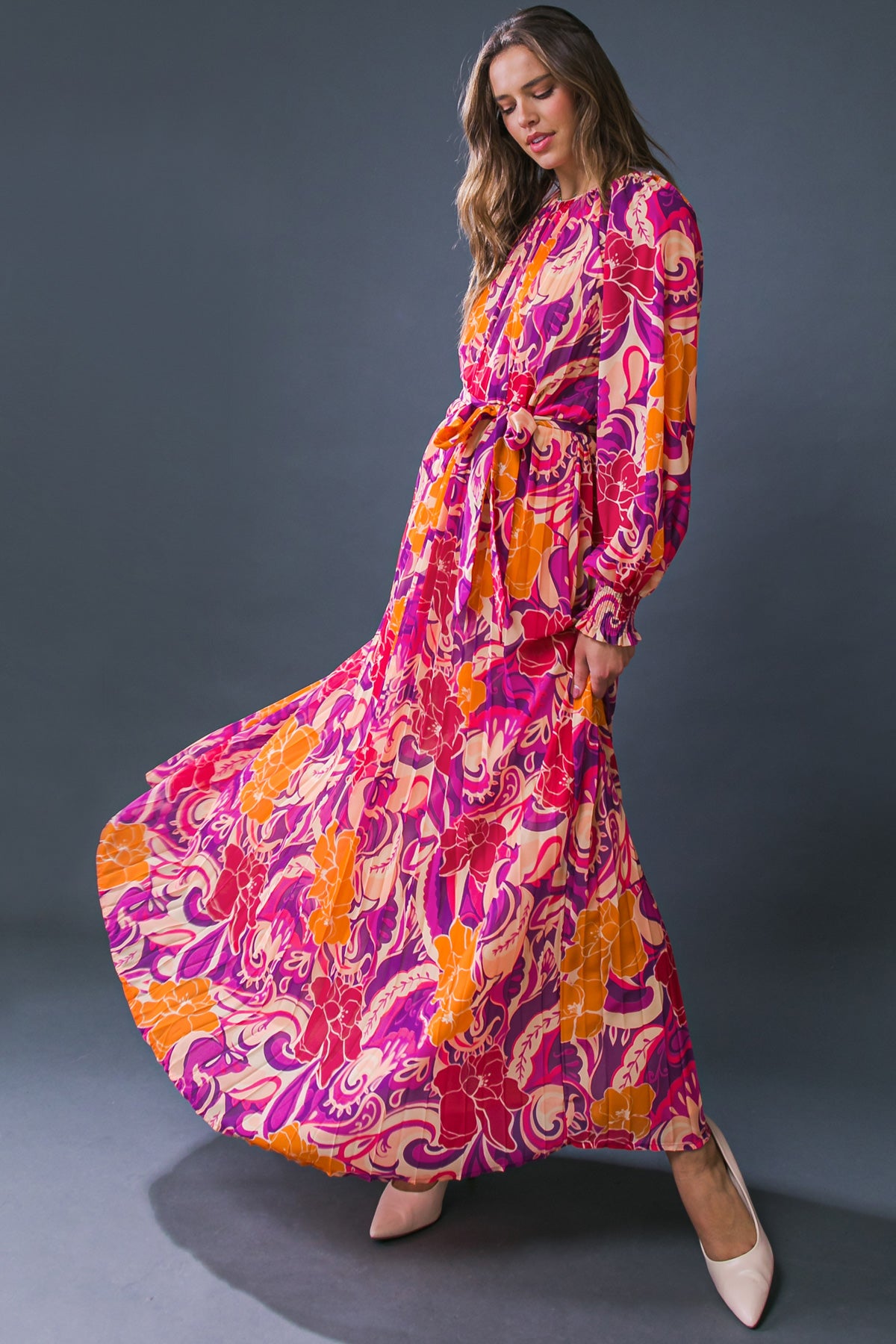 PRINTED PLEATED MAXI DRESS