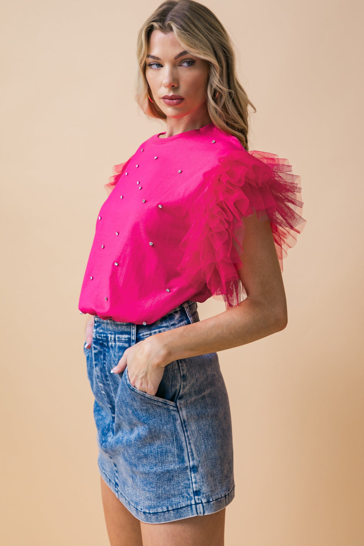 TULLE RUFFLE  SLEEVES RHINESTONES TOP