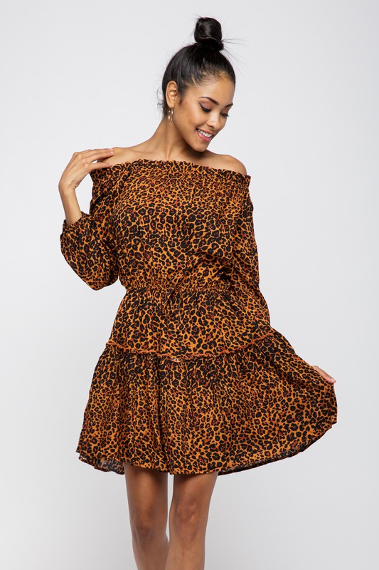 LEOPARD PRINT OFF SHOULDER RUFFLE DRESS