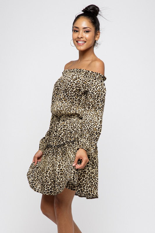 LEOPARD PRINT OFF SHOULDER RUFFLE DRESS