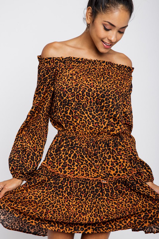 LEOPARD PRINT OFF SHOULDER RUFFLE DRESS