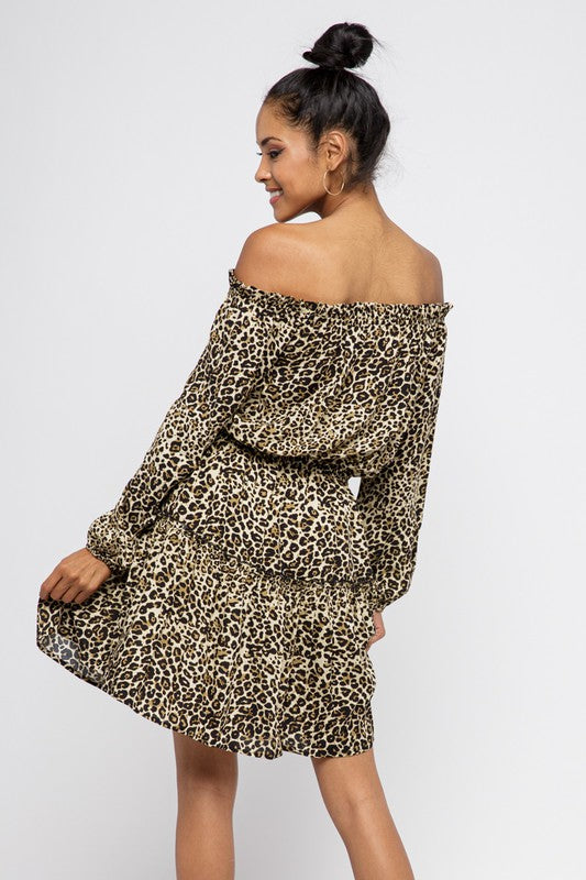 LEOPARD PRINT OFF SHOULDER RUFFLE DRESS