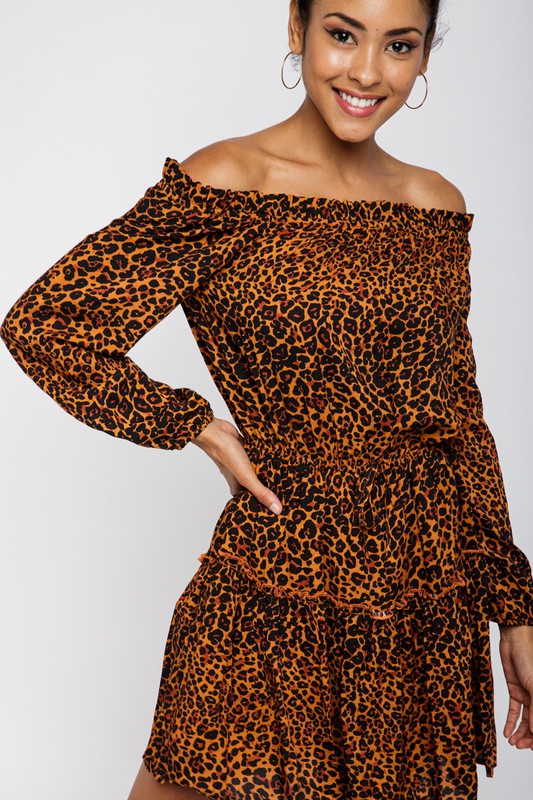 LEOPARD PRINT OFF SHOULDER RUFFLE DRESS