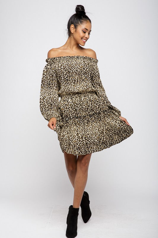 LEOPARD PRINT OFF SHOULDER RUFFLE DRESS