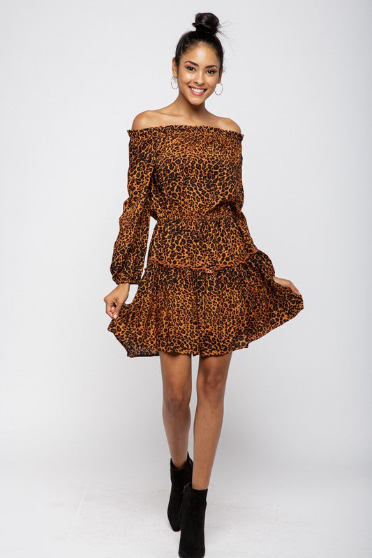 LEOPARD PRINT OFF SHOULDER RUFFLE DRESS