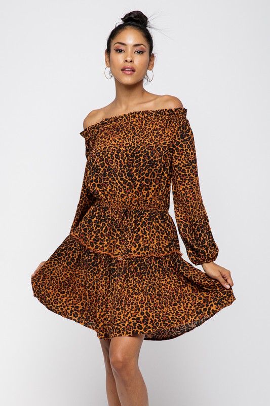 LEOPARD PRINT OFF SHOULDER RUFFLE DRESS