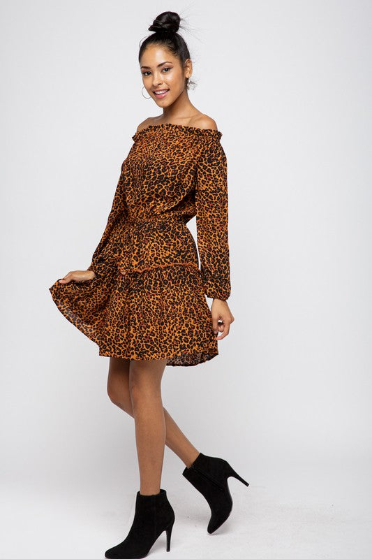 LEOPARD PRINT OFF SHOULDER RUFFLE DRESS