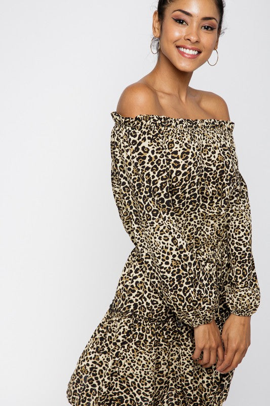 LEOPARD PRINT OFF SHOULDER RUFFLE DRESS