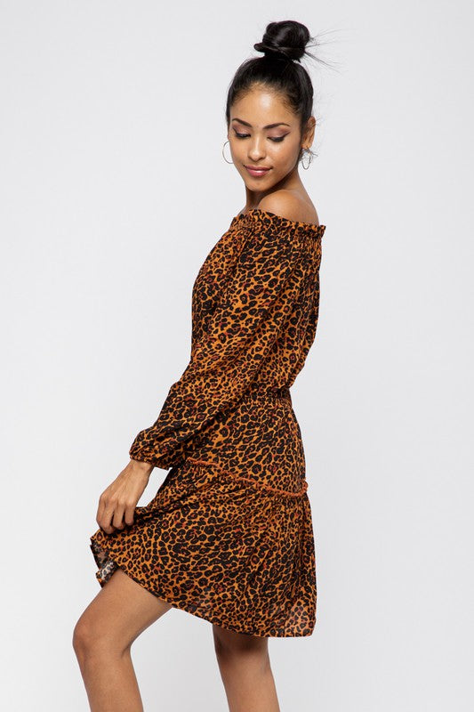 LEOPARD PRINT OFF SHOULDER RUFFLE DRESS