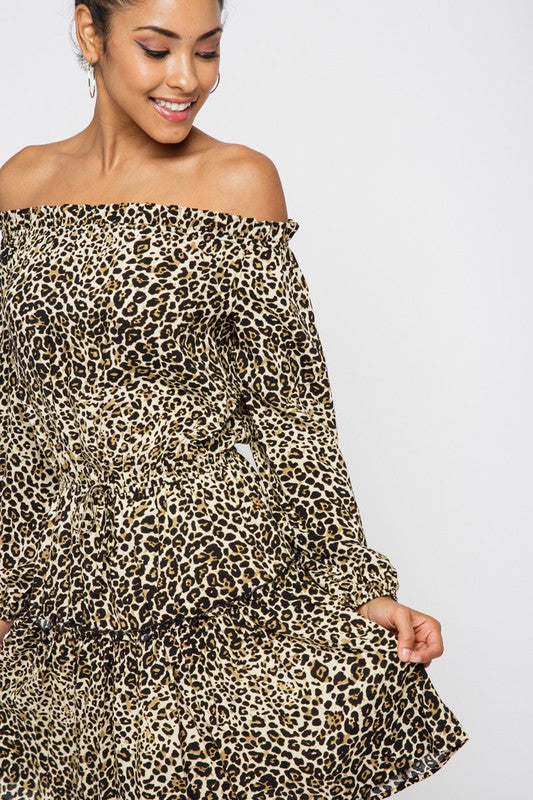 LEOPARD PRINT OFF SHOULDER RUFFLE DRESS