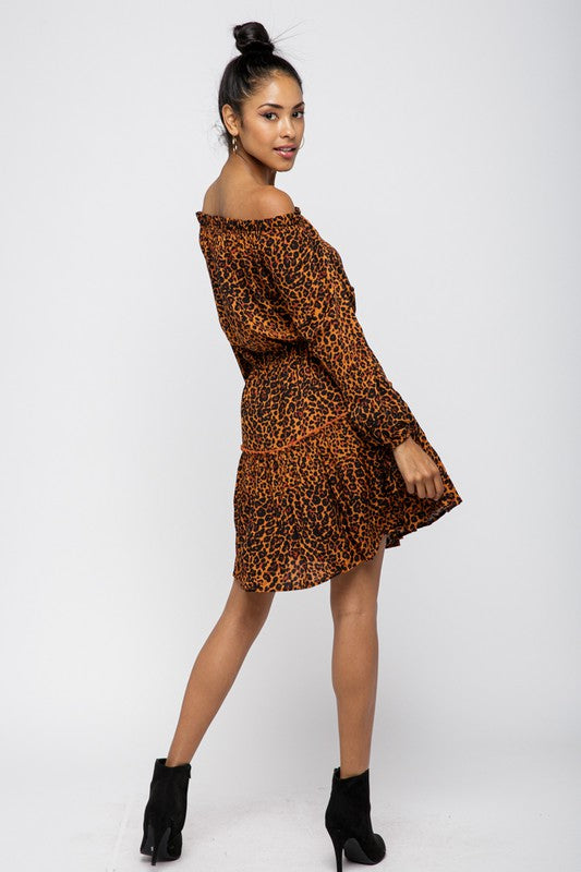 LEOPARD PRINT OFF SHOULDER RUFFLE DRESS