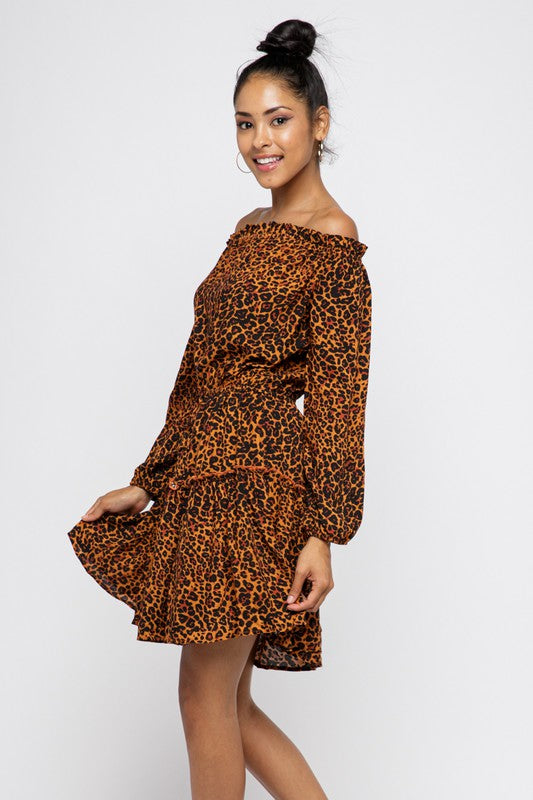 LEOPARD PRINT OFF SHOULDER RUFFLE DRESS