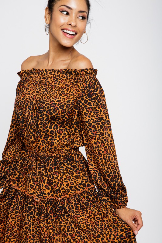 LEOPARD PRINT OFF SHOULDER RUFFLE DRESS