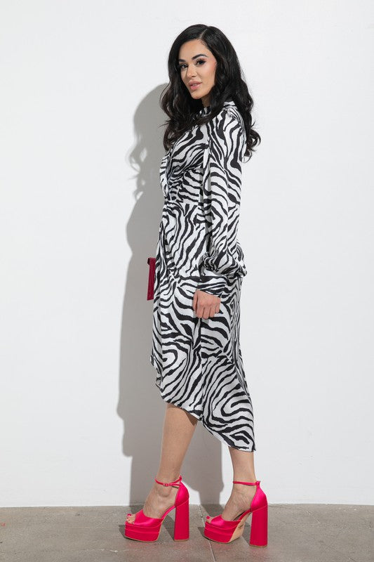 ZEBRA PRINT TWIST FRONT LONG SLEEVE DRESS