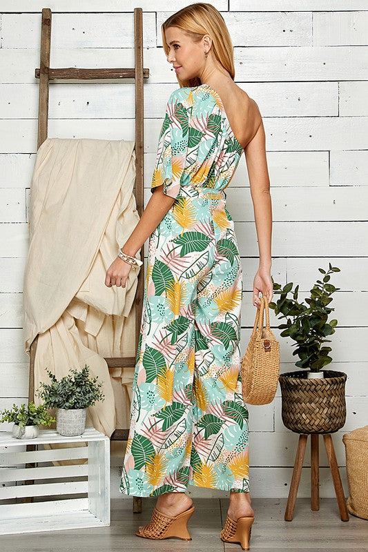 ONE SHOULDER PRINTED JUMPSUIT WITH TIE