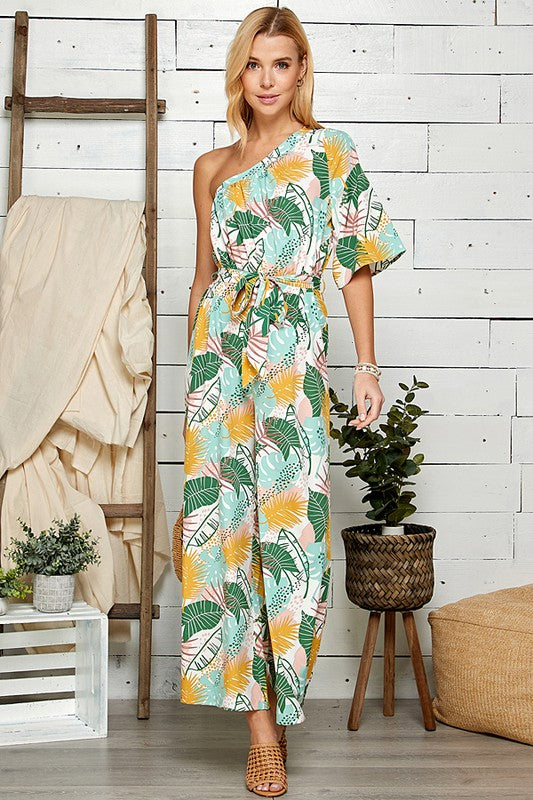 ONE SHOULDER PRINTED JUMPSUIT WITH TIE